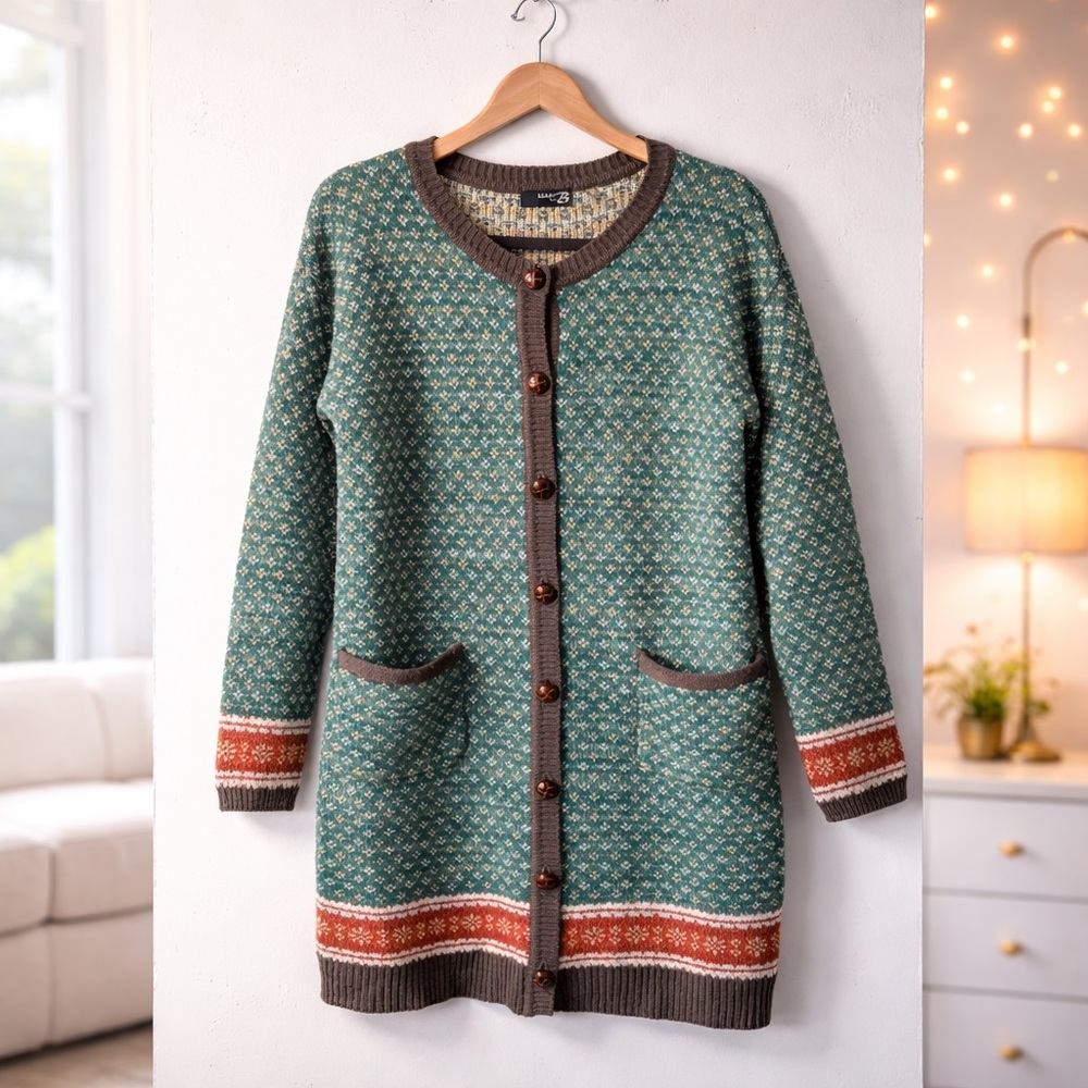 ✨ Mak B Fair Isle Button Down Cardigan Rustic Cottage Sweater Size M